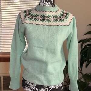 Vintage Mint Green Fair Isle Turtleneck Sweater, 100% wool
